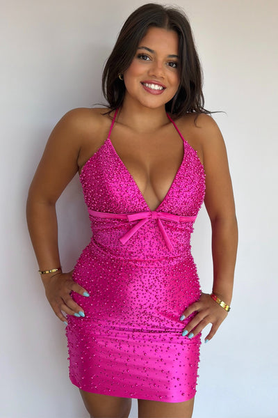 Bodycon Halter Fuchsia Satin Short Homecoming Dresses with Beads VK26081306