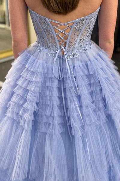 A-Line Ruffle Tiered Tulle Long Prom Dresses with Appliques VK24020801