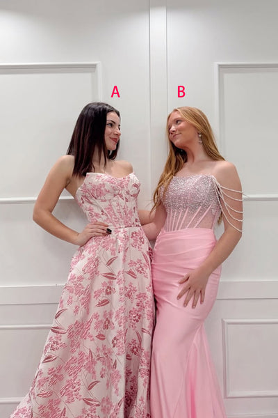 Cute A-Line Strapless Pink Jacquard Satin Long Prom Dresses VKPD007