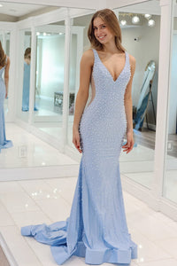 Charming Mermaid V Neck Light Blue Long Prom Dress with Peals VK020501