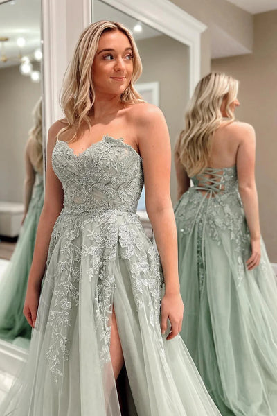 A-Line Sweetheart Sage Green Tulle Lace Long Prom Dresses VK23091005