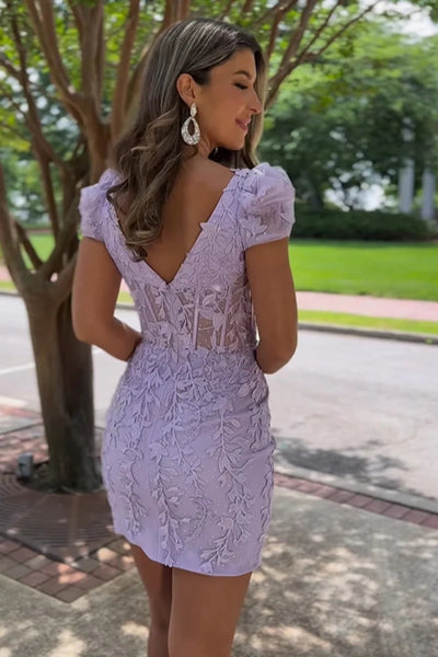 Pretty Square Neck Lavender Lace Appliques Homecoming Dresses with Short Sleeves VK23082209