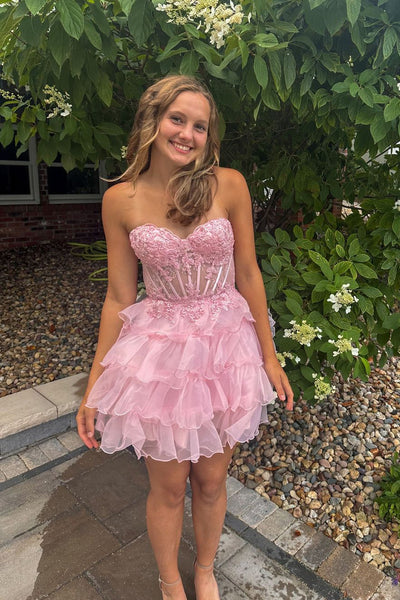 Cute A Line Sweetheart Organza Short Homecoming Dresses with Appliques VK24100709