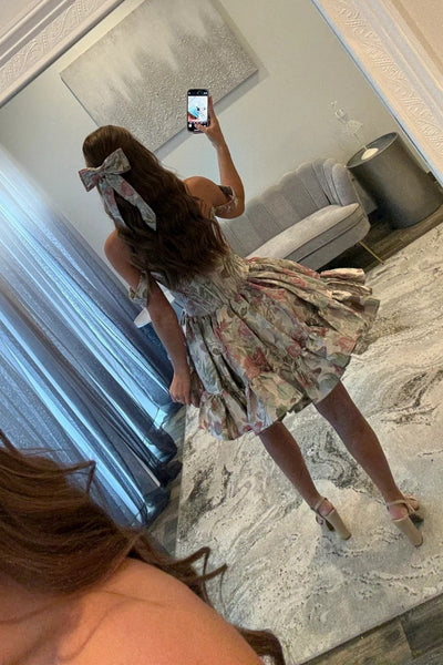 Lovely A-Line Off the Shoulder Pink Floral Printed Short Homecoming Dresses VK25092607