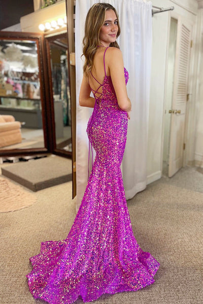 Sparkly Magenta Sequin Lace-Up Mermaid Long Prom Dress VK23112101