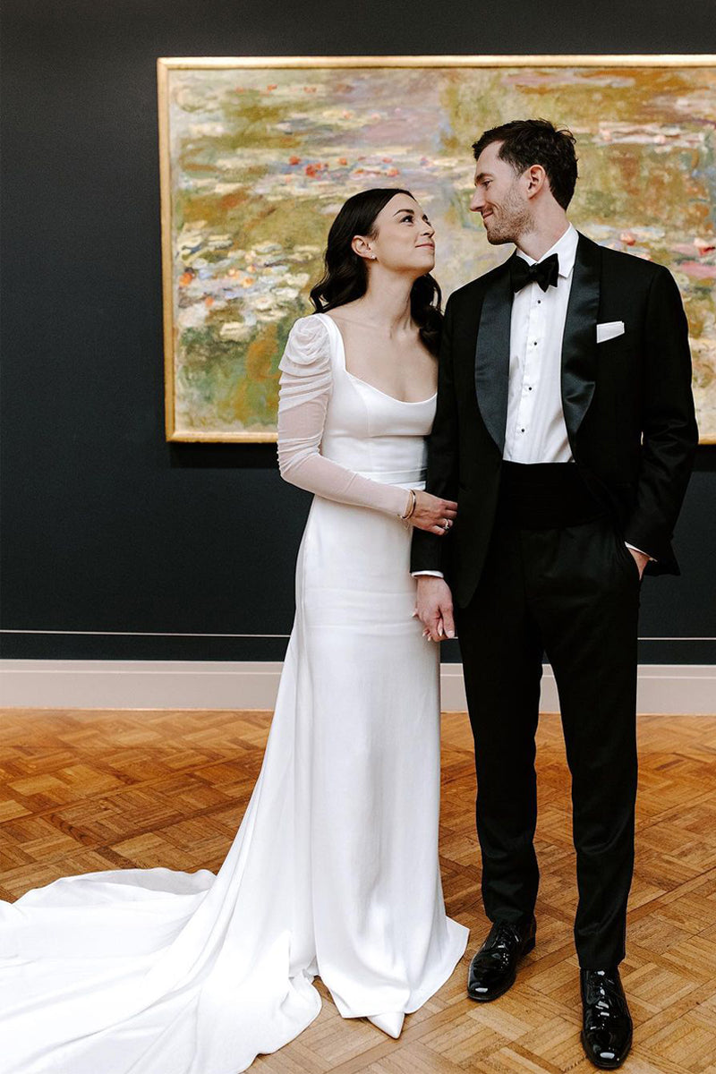 Charming Mermaid Square Neck Long Sleeves White Satin Wedding Dresses VK23122203