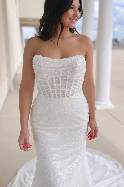 Sparkly Mermaid Strapless White Sequins Wedding Dresses VK23081312