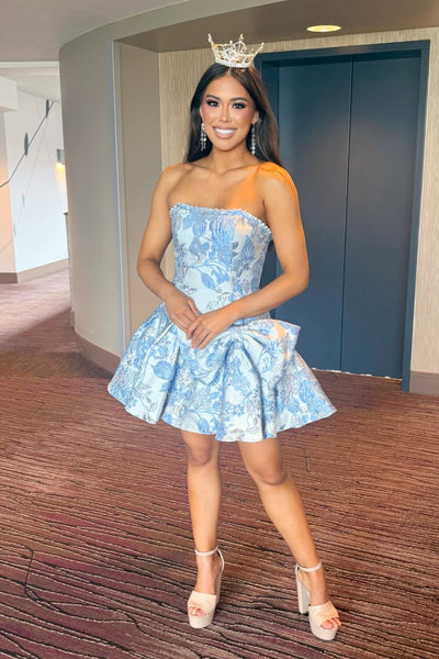 Cute Short A Line Strapless Light Blue Jacquard Satin Short Homecoming Dress VK26062201