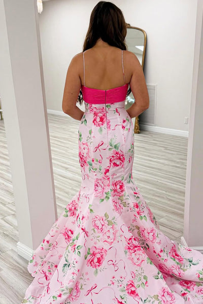 Mermaid V Neck Pink Floral Satin Prom Dress with Beading VK25112505