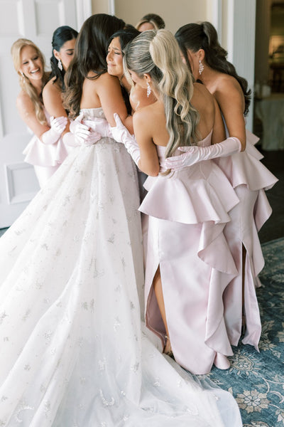 Cute Sheath Strapless Light Pink Sheath Satin Long Bridesmaid Dresses VK26102802