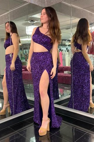 Purple One Shoulder Sequins Mermaid Long Prom Dresses VK24050903