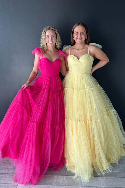 Fuchsia Sweetheart Tie Straps Tulle A-Line Long Prom Dresses VK23120301