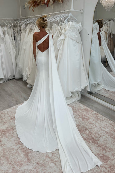 Simple Mermaid One Shoulder White Soft Satin Wedding Dress VK26081102