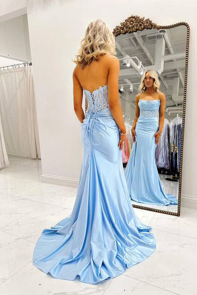 Mermaid Strapless Corset Blue Satin Pleats Long Prom Dresses with Slit VK26020906