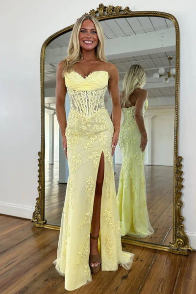 Mermaid Strapless Sweetheart Yellow Corset Appliques Long Prom Dresses with Slit VK26012904