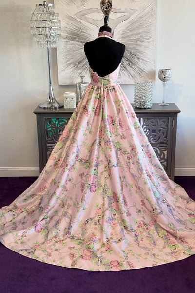 Gorgeous A Line V Neck Flower Print Satin Prom Dress with Slit VK5111407