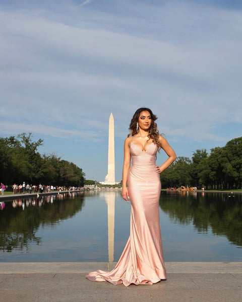 Cute Mermaid V Neck Champagne Silk Satin Long Prom Dresses with Beading VK23051005