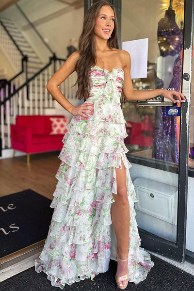 Cute Sweetheart Floral Chiffon Tiered Prom Dress with Slit VK16020301