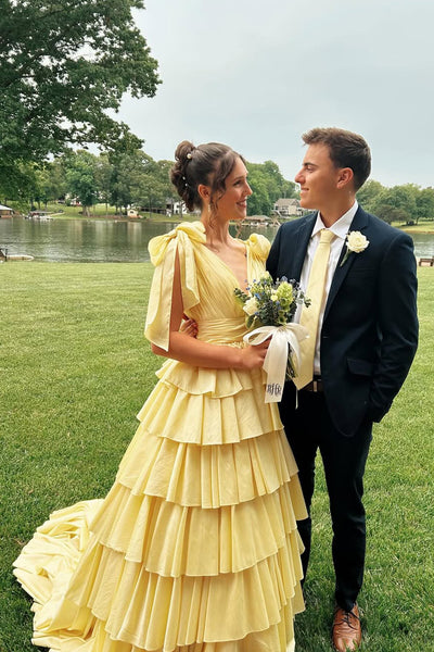 Cute Ball Gown V Neck Yellow Satin Tiered Long Prom Dress VK25053103