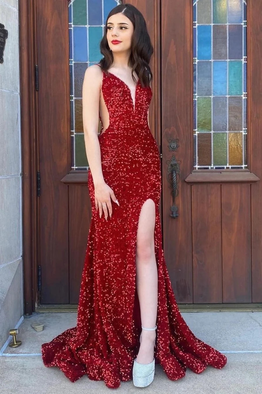 Red Sequin Sheer Mesh Mermaid Long Formal Dress with Slit VK23110907