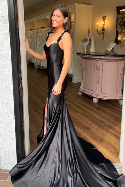 Black Floral Straps Mermaid Long Prom Dress with Slit VK23112201