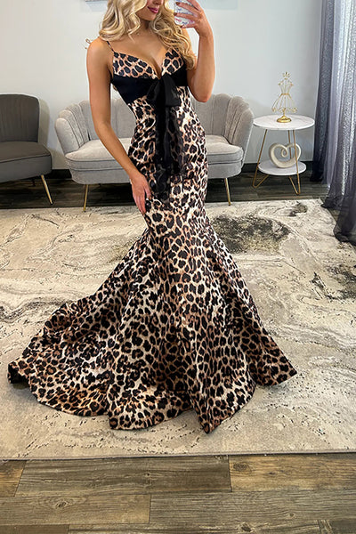 Sexy Mermaid V Neck Brown Leopard Long Prom Dress with Bow VK26010702