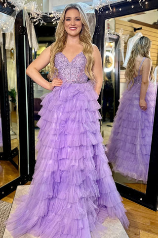 Lavender Appliques V-Neck Ruffle Tiered Long Prom Dress VK23122408