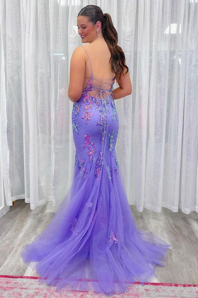 Lavender Scoop Neck Sequins Appliques Mermaid Long Prom Dress VK24030602