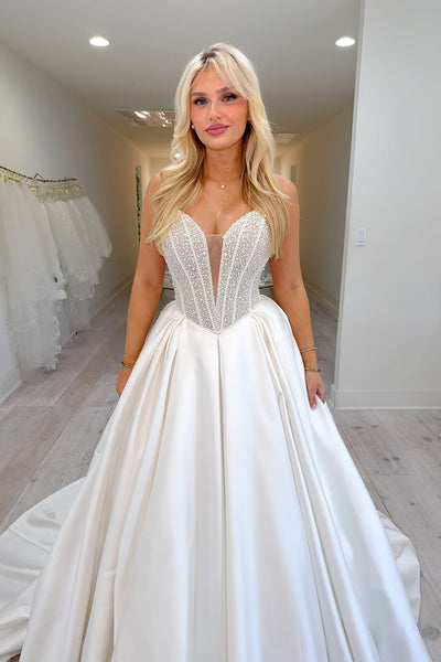 Charming A-Line Sweetheart White Satin Pearls Corset Wedding Dresses with Beadings VK25102807