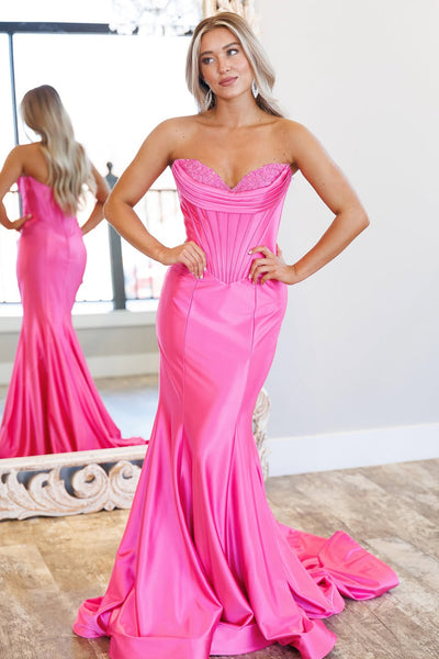 Fuchsia Sweetheart Corset Long Mermaid Prom Dresses with Appliques VK26010807