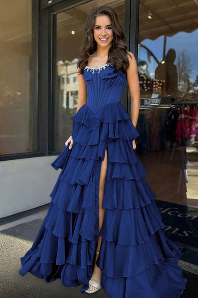 Charming A-Line Strapless Green Chiffon Tiered Long Prom Dresses with Slit VK26010602