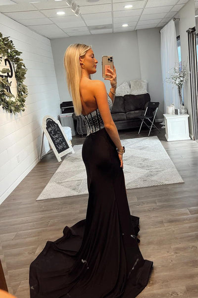 Black One Shoulder Satin Long Prom Dresses with Beading VK24051405