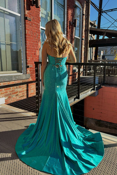 Sparkly Mermaid V Neck Daffodial Satin Slit Prom Dress with Beading