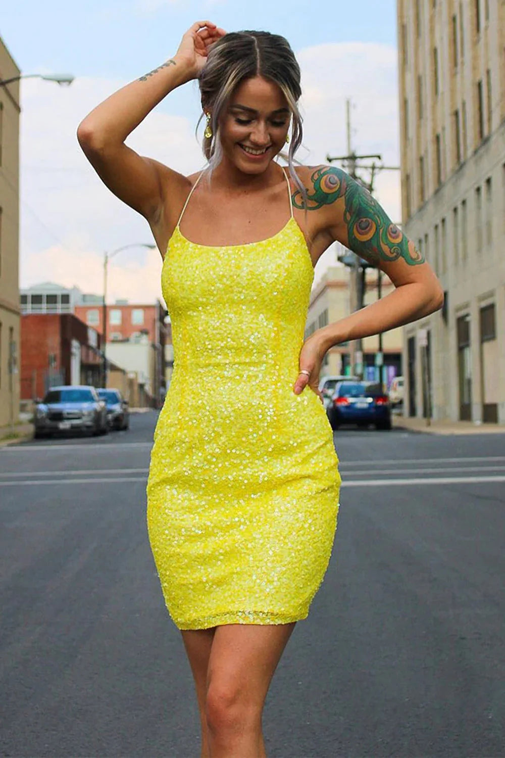 Yellow Scoop Neck Sequin Tight Short Homecoming Dresses VK23091408