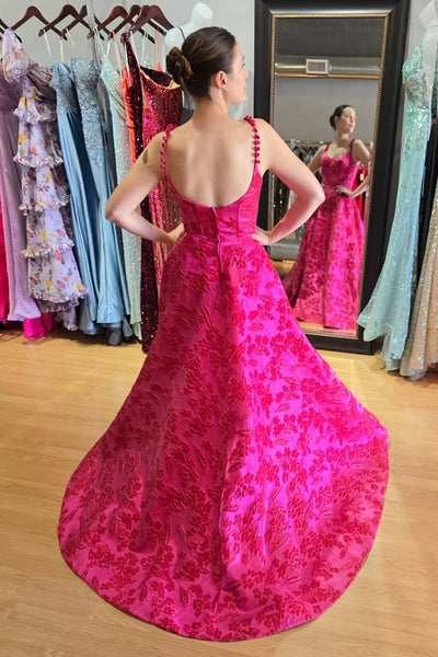 A Line V Neck Straps Fuchsia Red Jacquard Satin Prom Dress with Slit VK030504