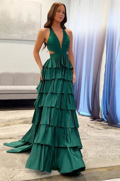 Halter Sparkly Yellow Ruffle Tiered A-Line Long Prom Dress with Slit VK022504