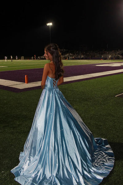 Gorgeous A Line Scoop Neck Light Blue Satin Long Prom Dress with Rhinestones VK25100705