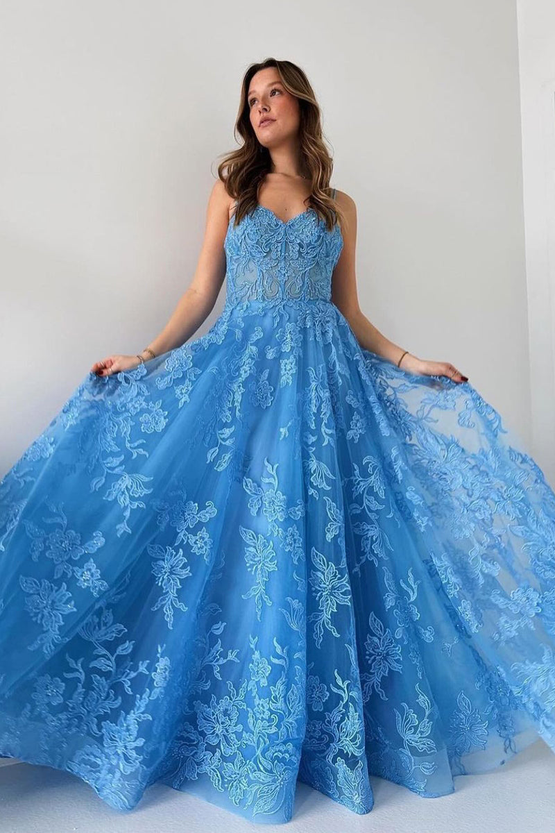 Blue Spaghetti Straps Tulle Appliques Long Prom Dresses VK24032404