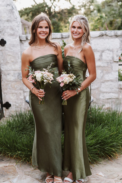 Mermaid Strapless Ovil Green Silk Satin Long Bridesmaid Dresses VK26081513