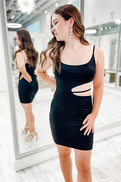 Tight Straps Black Side Cutout Mini Dress VK23061802