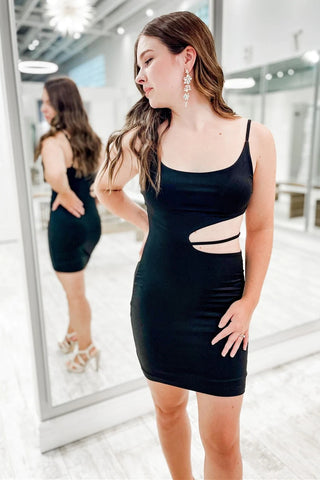 Tight Straps Black Side Cutout Mini Dress VK23061802