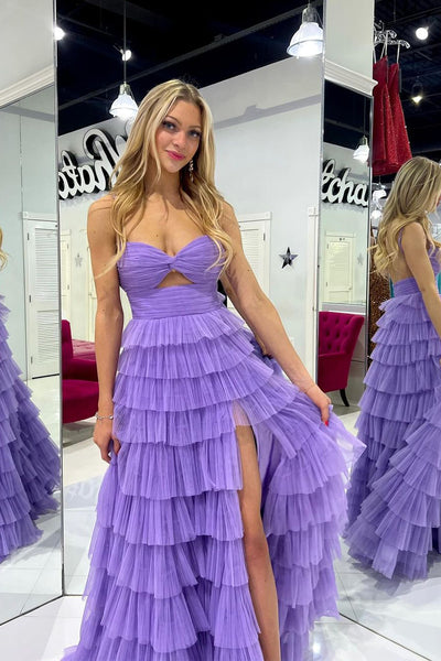 Lilac Sweetheart Ruffle Tulle Keyhole Long Prom Dresses with Slit VK24041405