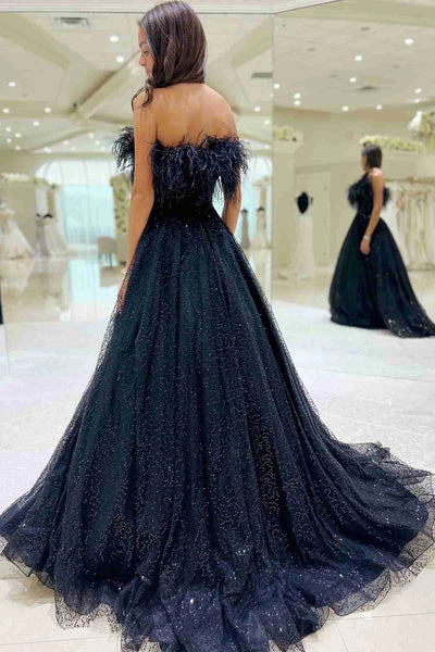 Navy Tulle Sequin Strapless A-Line Long Prom Dress with Feathers VK23120801