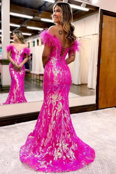 Sparkly Mermaid V Neck Hot Pink Sequins Lace Long Prom Dresses VK23051007