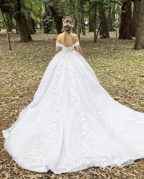 Gourgeous Ball Gown Off the Shoulder Tulle Wedding Dresses with Appliques VK23060803