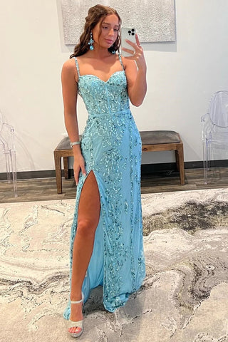 Aqua Blue Applique Queen Anne Long Formal Dress with Slit VK23101109