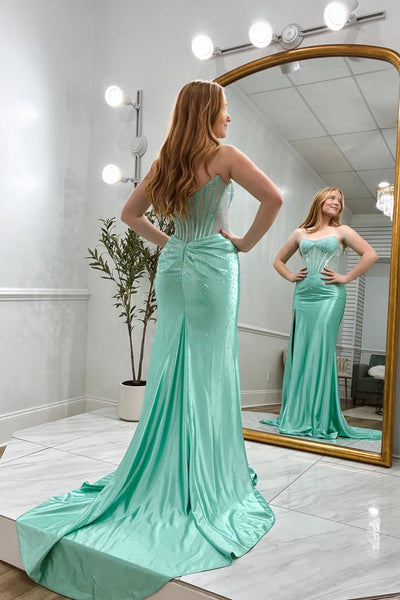 Glamorous Mermaid Scoop Neck Hot Fix Satin Prom Dress with Slit VK162003