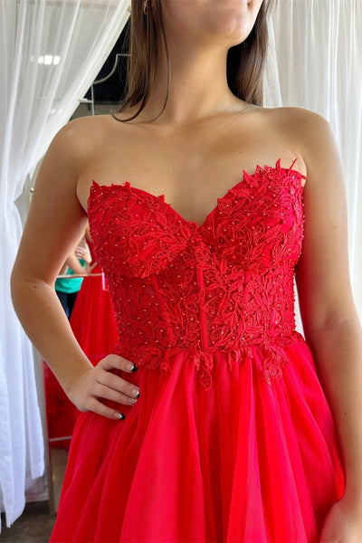 Red Tulle Appliques Sweetheart Ruffle Long Prom Dress VK23122107