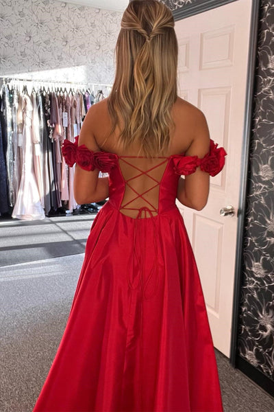 Red Floral Straps A-line Satin Long Prom Dress with Slit VK23112705