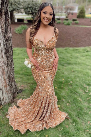 Gold Sequin V-Neck Lace-Up Mermaid Long Prom Gown VK23121208